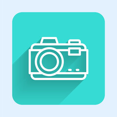 White line Photo camera icon isolated with long shadow background. Foto camera. Digital photography. Green square button. Vector