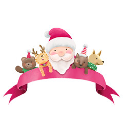 Merry Christmas! Happy Christmas companions. Santa Clause and friend (cat,dog and bear) with red detailed curved ribbon isolated on white background.