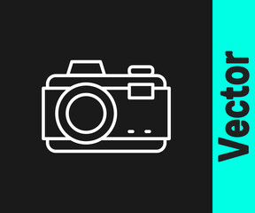 White line Photo camera icon isolated on black background. Foto camera. Digital photography. Vector