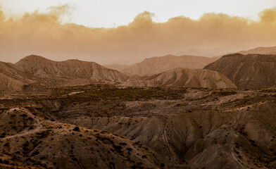 Landscape of Tabernas desert in Almeria, Spain, during sunset