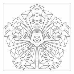 Simple Mandala Designs to color. Easy coloring pages for seniors. Pentagonal star drawing from 5 fold rotational symmetry of rectangular 3D shapes. Tile pattern in EPS8 file. #329