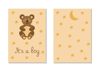 A postcard, invitations for a baby shower, it's a boy. A bear on a background of stars and an inscription. Template vector illustration for printing, double-sided