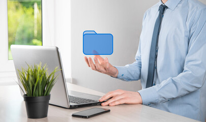 Hand hold folder icon.Document Management System or DMS setup by IT consultant with modern computer...