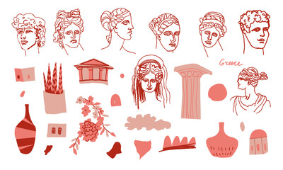 Vector Set of illustrations with Ancient Greece in flat style in boho color transparent background. Cute,antique clip art hand drawn.Design for stickers,social media,packaging,web,postcards,posters.