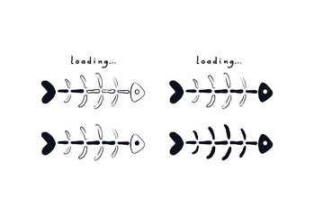 Fish bone loading bar. Doodle fish skeleton with loading indicator. Vector stock illustration sketch of bare ridge isolated on white background.
