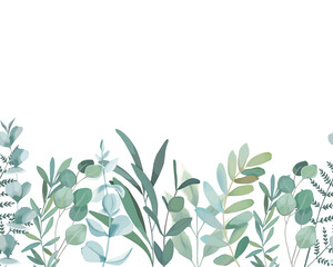 Seamless greenery vector pattern. Spring border with eucalyptus branch and leaves. Vintage botanical plant