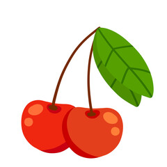 Cherry. Red berry with twig and a leaf. Sweet, fresh food. Flat cartoon illustration isolated on white