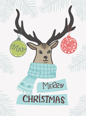 Christmas cgreeting card with christmas reindeer. Hand-drawn. Vector illustration .hand drawing. deer with Christmas decorations.
