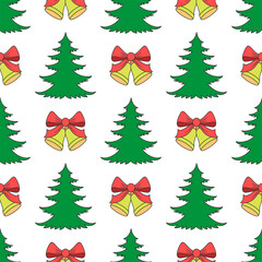 Seamless winter background with Christmas bells and fir trees on a white background.