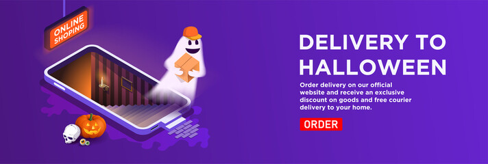 Isometric vector. Halloween delivery service banner. A telephone with a staircase to the basement. Ghost courier with a box in a cap, pumpkin lantern. Order a purchase in the online store - obrazy, fototapety, plakaty