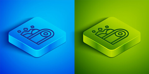 Isometric line Conveyor belt carrying coal icon isolated on blue and green background. Square button. Vector