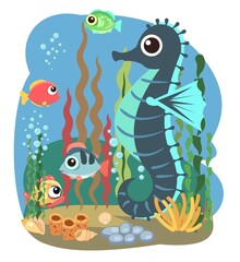 Sea Horse. Little landscape. Underwater life. Wild animals. Ocean, sea. Summer water. Isolated on white background. Illustration in cartoon style. Flat design. Vector art