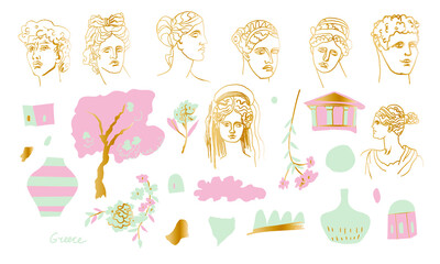 Vector Set of illustrations with Ancient Greece in flat style in pastel color transparent background. Cute,antique clip art hand drawn.Design for stickers,social media,packaging,web,postcards,posters.