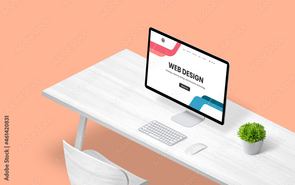 Fototapete Web design concept page on computer display. Flat designed web page. Isometric view of work desk