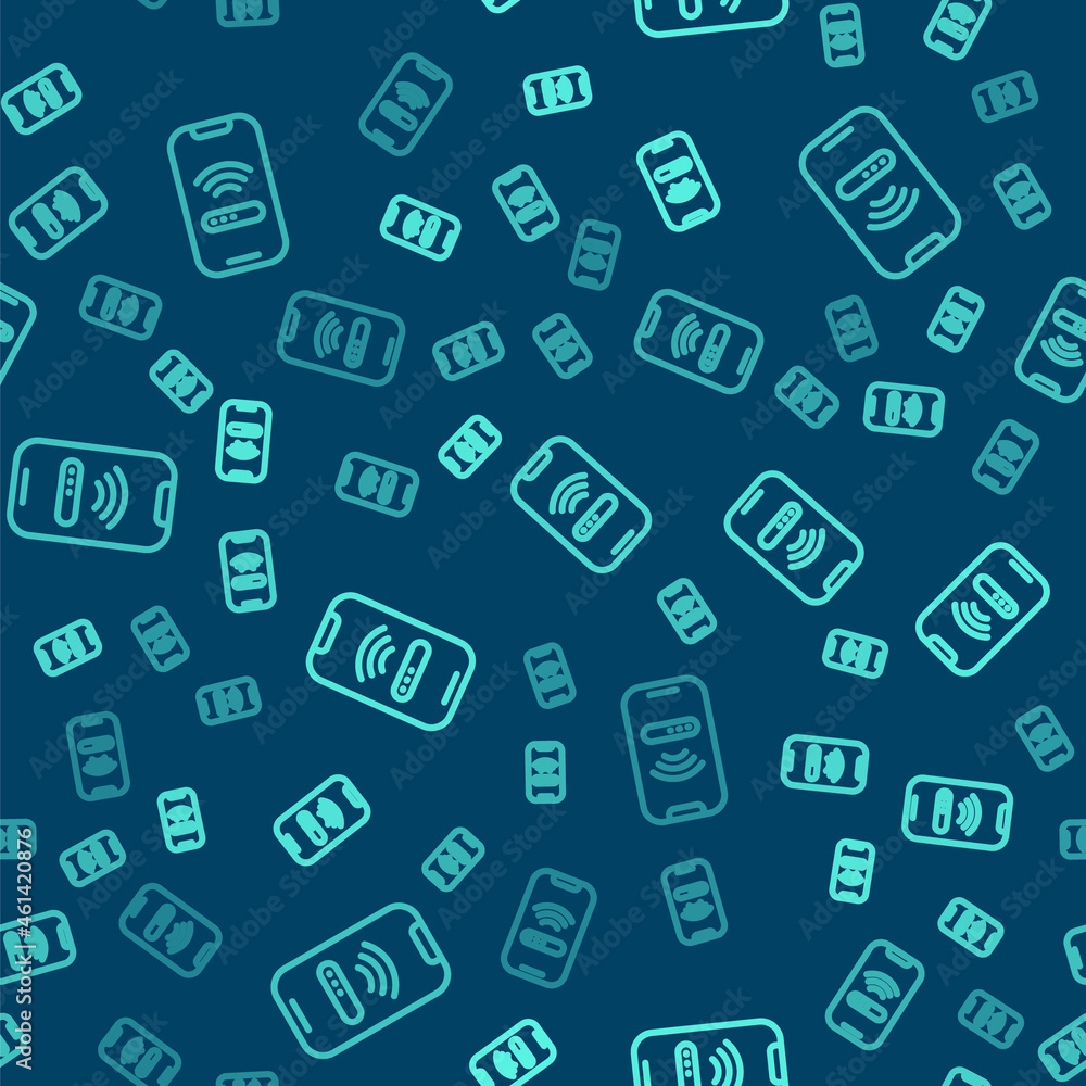 Poster green line smartphone with free wi-fi wireless connection icon isolated seamless pattern on blue bac