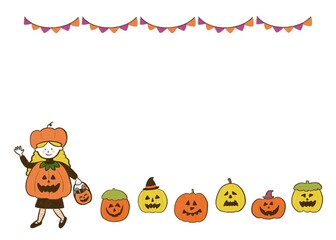 ハロウィン かぼちゃの仮装 女の子 フレーム 手描きイラスト