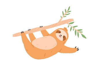 Cute sloth hanging on tree branch. Funny lazy baby animal gesturing and waving with paw, saying hello. Happy sweet slow character. Flat vector illustration isolated on white background © Good Studio