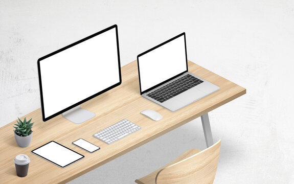 Modern devices template for responsive design presentation. Mockup of computer display, laptop, tablet and phone. Office desk, isometric position
