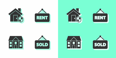 Set Hanging sign with text Sold, House under protection, and Rent icon. Vector