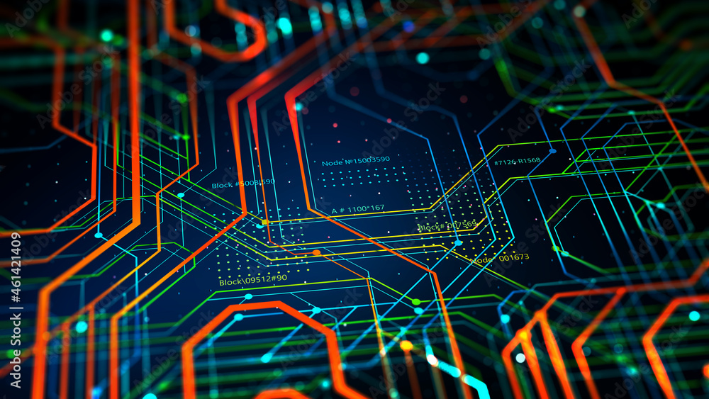 Poster Microcircuit 3D illustration. Circuit, silicon chip. Quantum computer. Motherboard. Cyberspace of high technologies. Information flow and data analytics