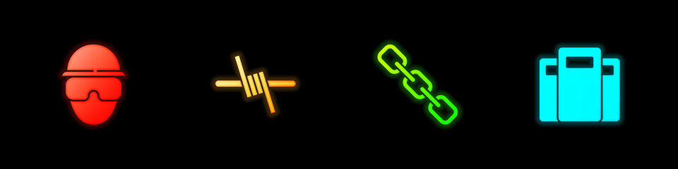 Set Special forces soldier, Barbed wire, Chain link and Police assault shield icon. Vector