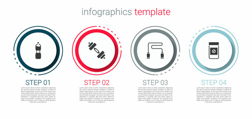 Set Bottle of water, Dumbbell, Jump rope and Anabolic drugs. Business infographic template. Vector