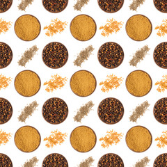 Seamless spice pattern with masala, cloves on clay plates, heaps of cumin (jeera), fenugreek on white background. Aspect ratio 1:1