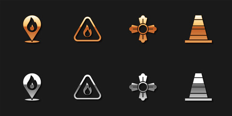 Set Location with fire flame, Fire in triangle, Firefighter and Traffic cone icon. Vector