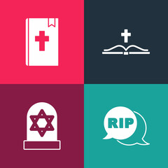 Fototapeta premium Set pop art Speech bubble rip death, Grave with star of david, Holy bible book and icon. Vector