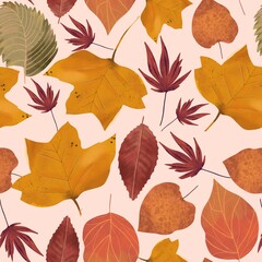 Watercolor seamless pattern with autumn leaves and flowers