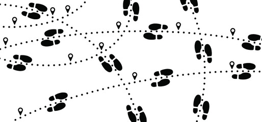 Footpath walking route. Flat vector footprint. Footsteps silhouette pictogram or logo. Human foot steps. Tracking, pin, track, trace, trail map or pointer icon. Line path pattern.