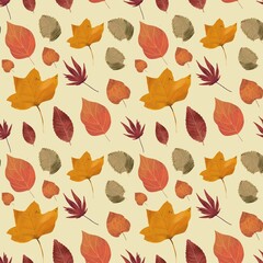 Naklejka na ściany i meble Watercolor seamless pattern with autumn leaves and flowers