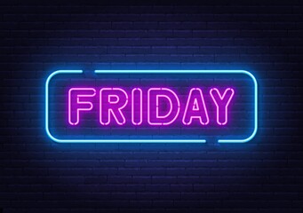 Friday neon sign on brick wall background.