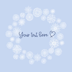 Christmas Wreath of Snowflakes in hand drawn doodle style on light blue background. Vector frame for greeting card or invitation template. 