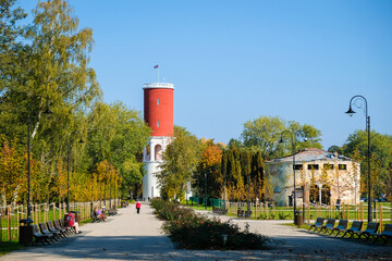 Jurmala, Latvia - October 2, 2021: Reconstructed Kemeri, Kemmern, resort park in Jurmala. Latvia. Defocused