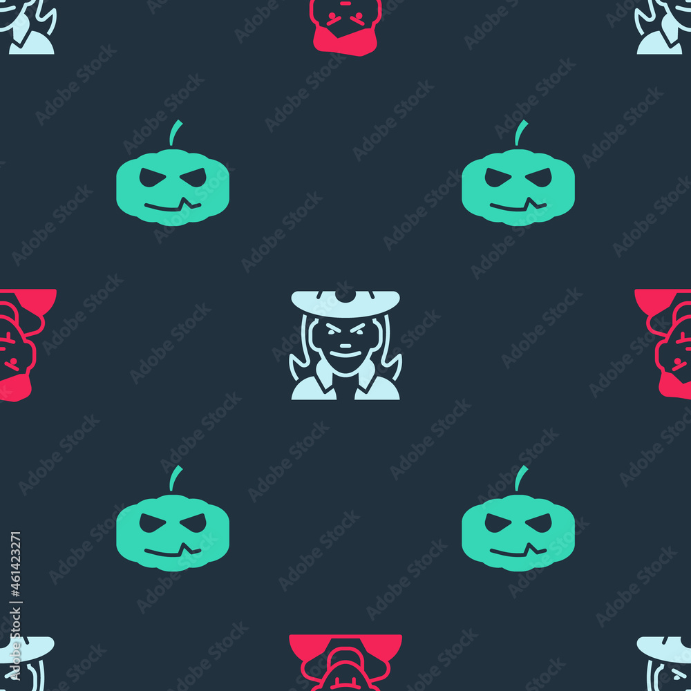 Sticker set vampire, witch and pumpkin on seamless pattern. vector