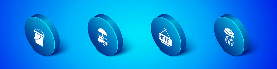 Set Isometric Sand in bucket, Signboard with text Hotel, Jellyfish and Fast street food cart icon. Vector
