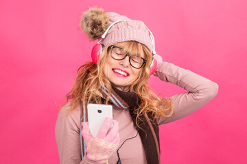 adult woman with mobile phone or smartphone isolated on background