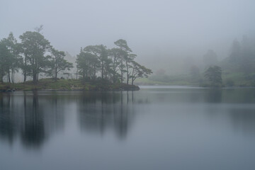 Obraz premium Tarn Hows in the Lake District National Park, England on a very misty morning. Magical and atmospheric photos taken with trees, forests and woodland on the side of Tarn Hows water.