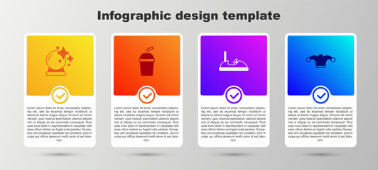 Set Magic ball, Paper glass with water, Bumper car and Jester hat bells. Business infographic template. Vector