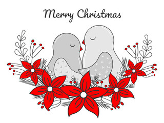 Hand drawn christmas greeting card. Birds in the nest. Wreath with poinsettia and leaves. Vector illustration. Isolated on white. Doodle, line art.