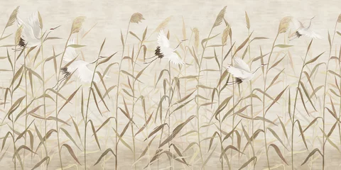 Foto op Plexiglas Hand-drawn reeds with flying storks. For interior printing. © Katrine_arty
