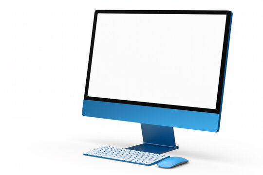 Realistic blue computer screen display with keyboard and mouse isolated on white