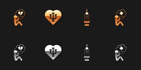 Set Broken heart or divorce, Psychology, Psi, Addiction to the drug and Helping hand icon. Vector