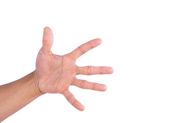 Male hands extending greetings separately on a white background, number five.