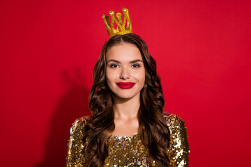Photo of gorgeous dream girlfriend princess lady red lipstick wear diadem golden dress isolated red color background
