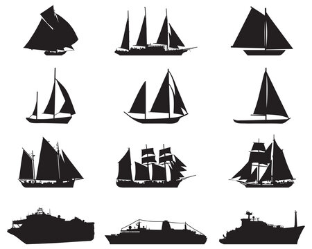 Black silhouettes ​of sailboats on a white background