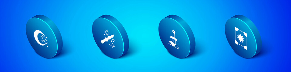 Set Isometric Moon and stars, Sword in the stone, Ancient magic book and Magic wand icon. Vector