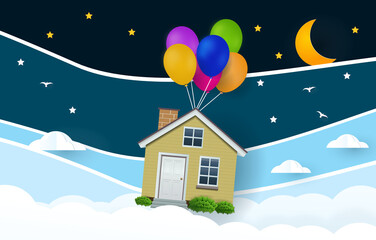 Fototapeta na wymiar house hanging with balloon on sky.
