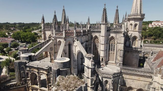 Batalha monastery religious building to celebrate the important military victory, aerial dolly in shot.